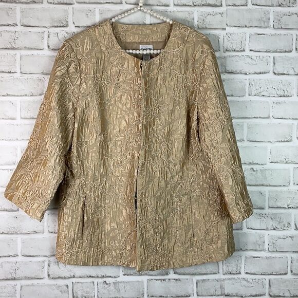 Chico’s Size 2 Medium Jacket Blazer Gold Metallic Embroidered Satin Sparkle - Picture 9 of 9
